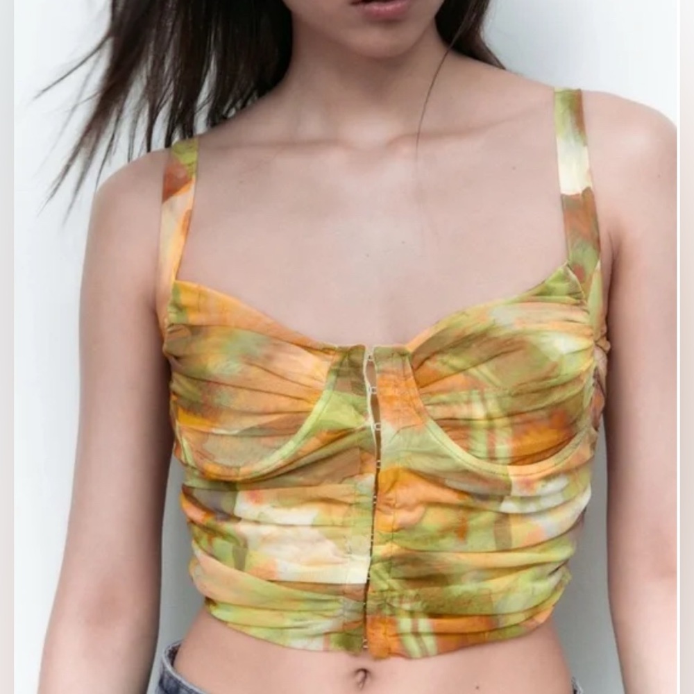 ZARA Printed Tulle Cropped Ruched Corset Top Hook and Eye Front Underwire Sz Lg